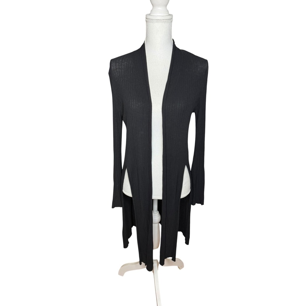 MM.LaFleur Black Ribbed Longline Cardigan Open Front High Slit Cotton Rayon M